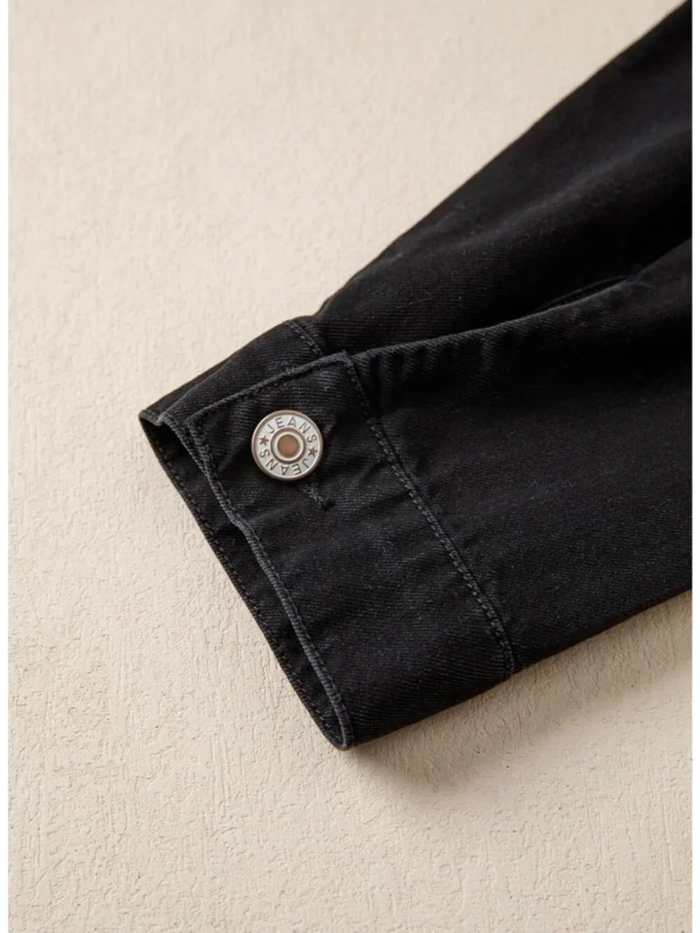 Women's Black Button Down Long Sleeve Collarless Cinched Waist Denim Jackets